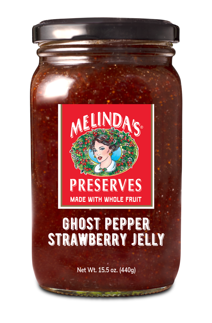 A jar of Melinda's Ghost Strawberry Jelly with a label.