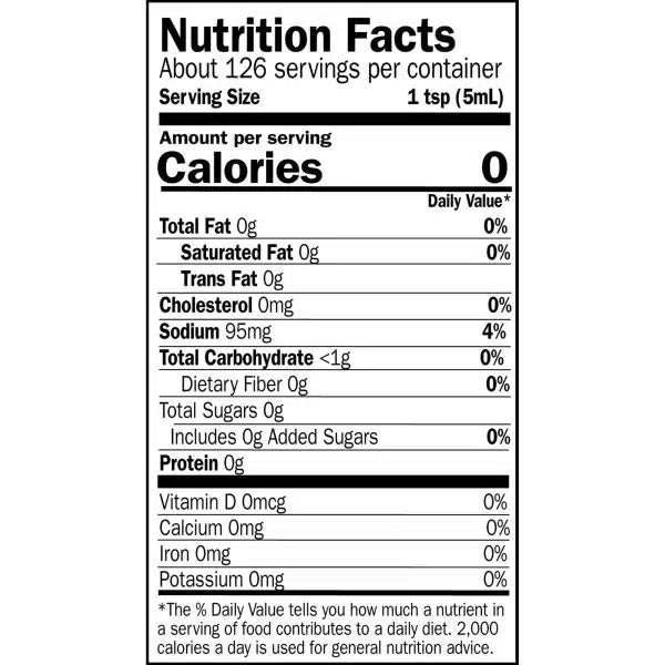 A close-up of Melinda's Sriracha Wing Sauce Half Gallon nutrition label, perfect for wings, chicken, shrimp, wraps, sandwiches, and more.