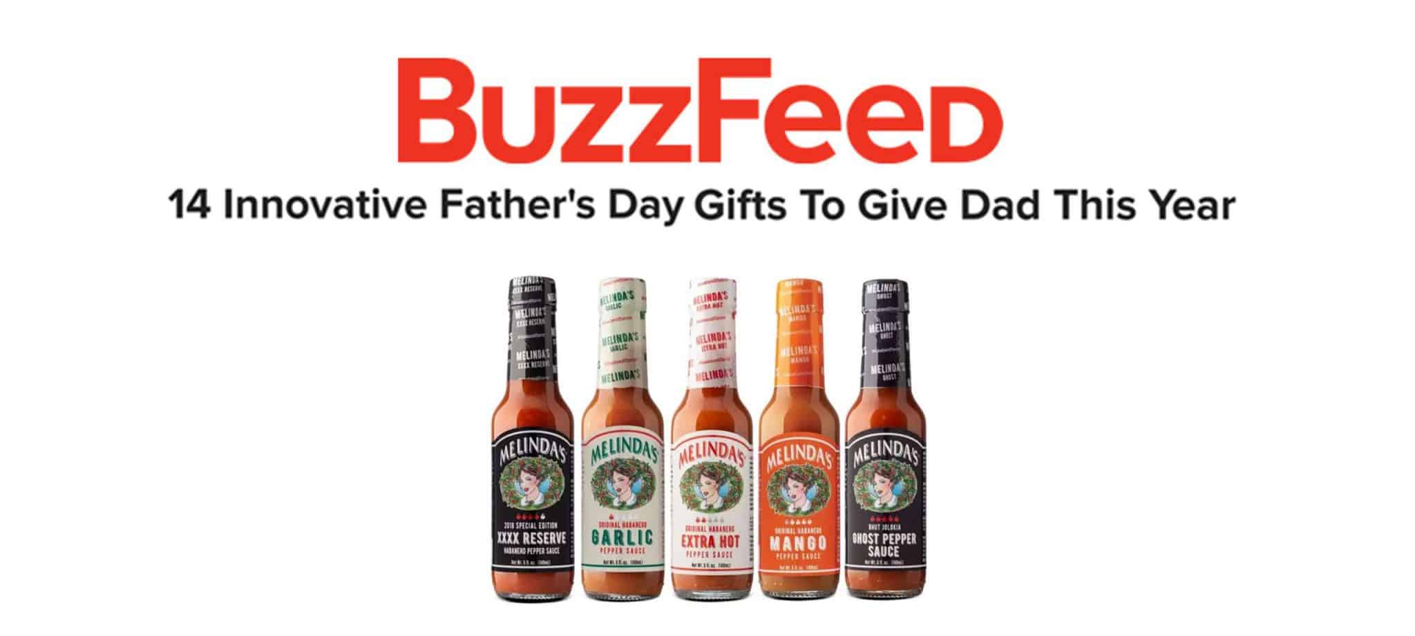 BuzzFeed article featuring five Melinda's hot sauce bottles as Father's Day gift suggestions