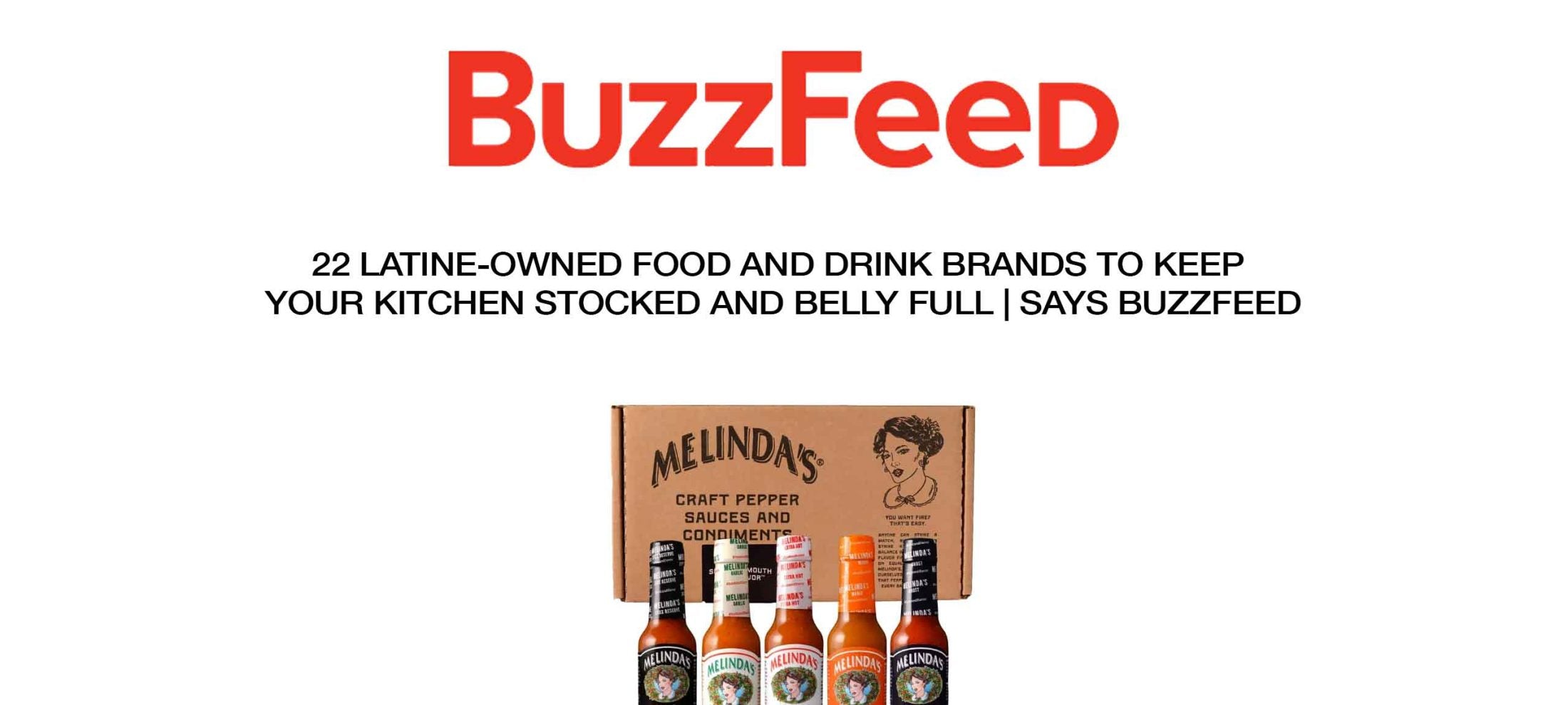 BuzzFeed logo above Melinda's hot sauce gift set with five bottles and cardboard packaging featuring woman's portrait