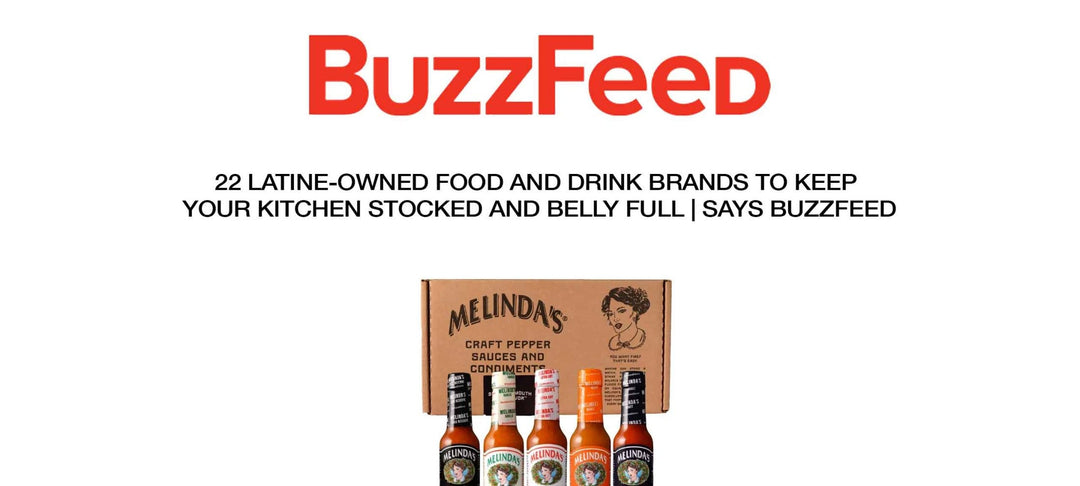 BuzzFeed logo above Melinda's hot sauce gift set with five bottles and cardboard packaging featuring woman's portrait