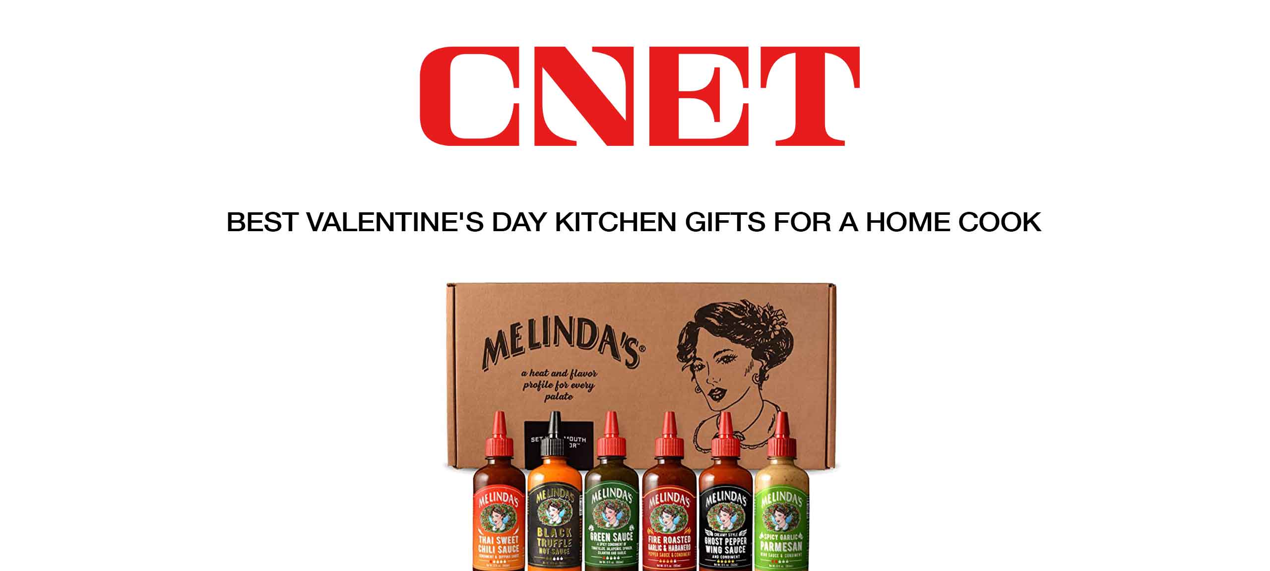 Melinda's hot sauce gift set with six different flavored bottles displayed in brown packaging with vintage-style branding