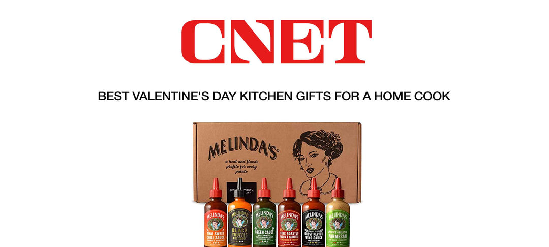 Melinda's hot sauce gift set with six different flavored bottles displayed in brown packaging with vintage-style branding