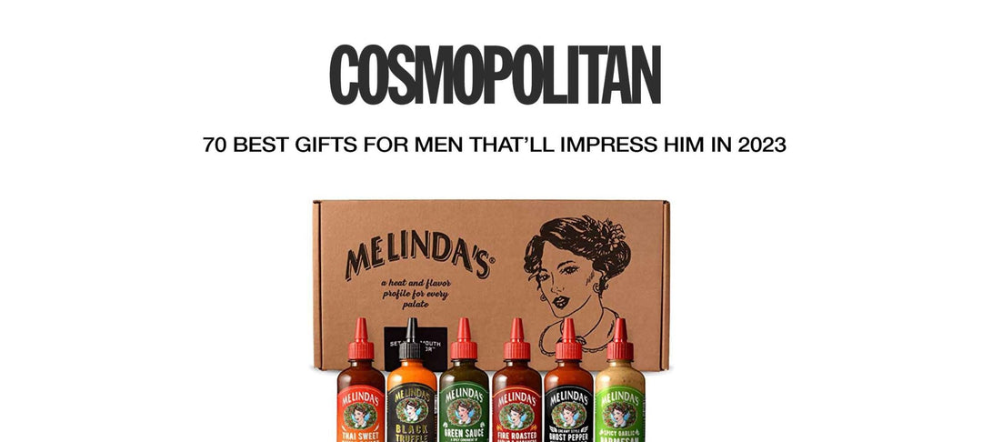 Melinda's hot sauce gift set with six bottles in branded box, featured in Cosmopolitan's best gifts for men 2023 list