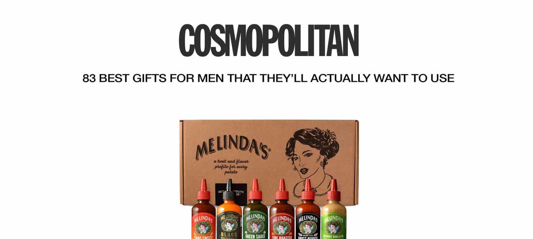 Cosmopolitan magazine gift guide featuring Melinda's hot sauce variety pack with six bottles in colorful packaging