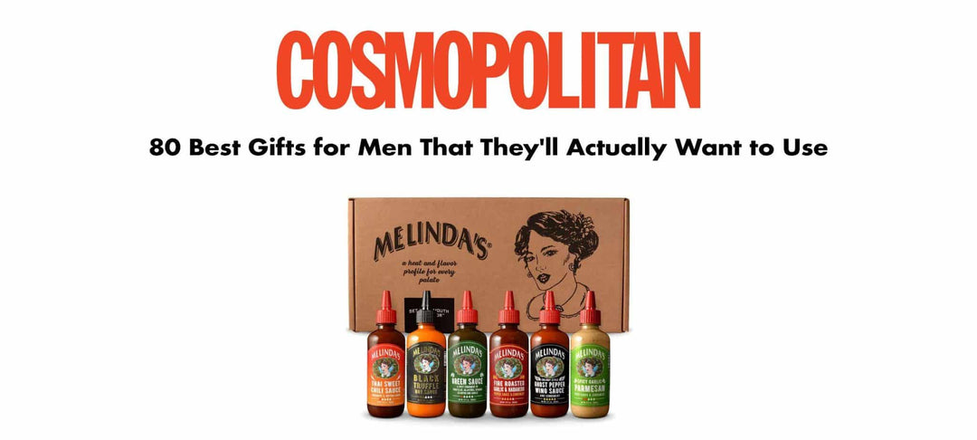 Melinda's hot sauce gift set with six colorful bottles in cardboard packaging, featured in Cosmopolitan's gift guide for men
