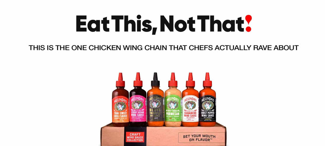 Six bottles of Melinda's wing sauces in various flavors displayed on packaging with "Eat This, Not That!" branding above