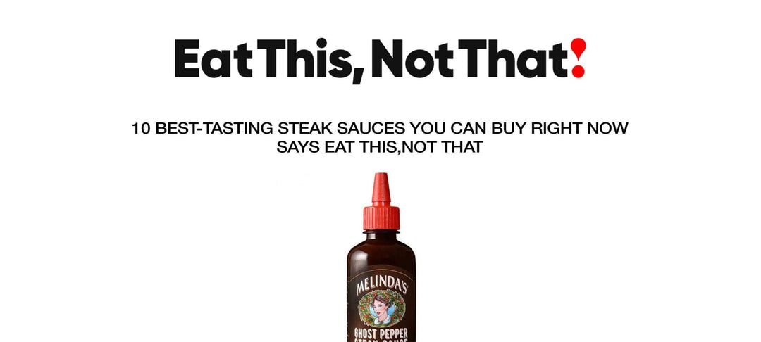 Melinda's Ghost Pepper steak sauce bottle with red cap against white background for steak sauce taste test article