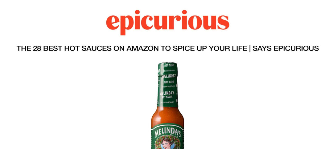 Epicurious logo above headline about best Amazon hot sauces, featuring Melinda's hot sauce bottle with green label