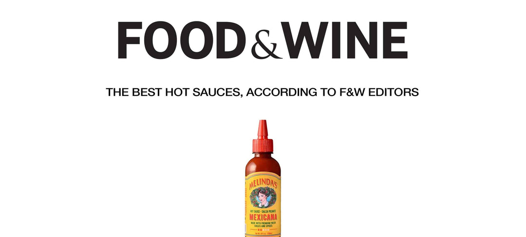 Food & Wine magazine logo above a bottle of Melinda's Mexicana hot sauce with yellow label and red cap