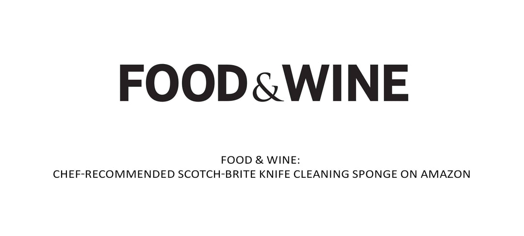 Food & Wine magazine logo above headline about chef-recommended Scotch-Brite knife cleaning sponge on Amazon