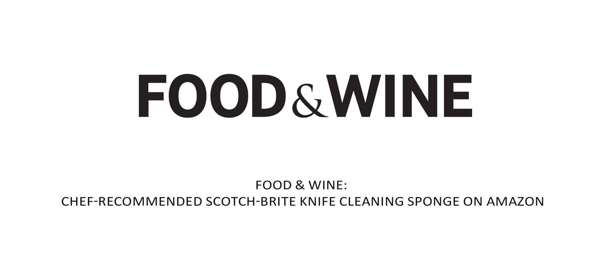Food & Wine magazine logo above headline about chef-recommended Scotch-Brite knife cleaning sponge on Amazon