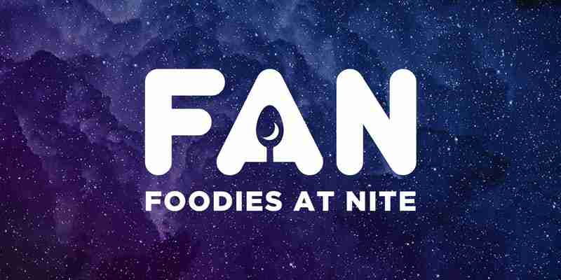 FAN Foodies At Nite logo in white text against a starry night sky background with purple and blue cosmic colors