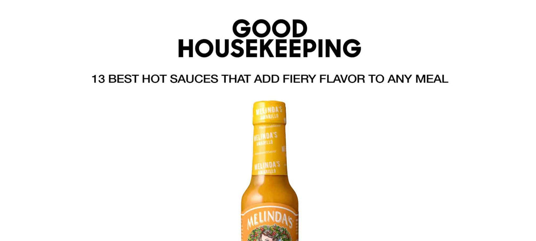 Good Housekeeping logo above headline "13 Best Hot Sauces That Add Fiery Flavor to Any Meal" with Melinda's hot sauce bottle