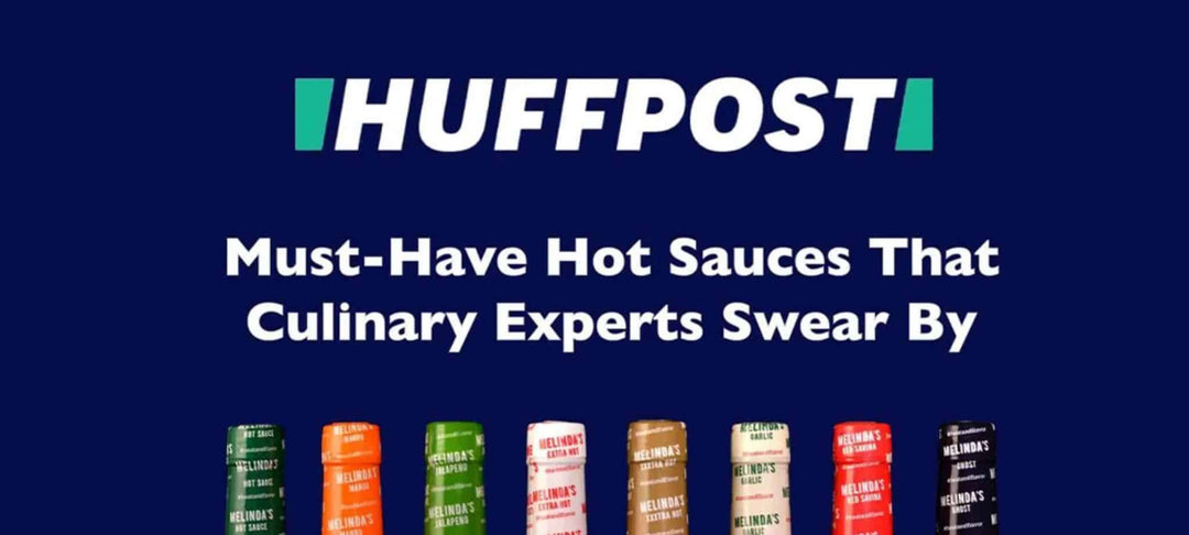 HuffPost headline "Must-Have Hot Sauces That Culinary Experts Swear By" with row of colorful Melinda's hot sauce bottles