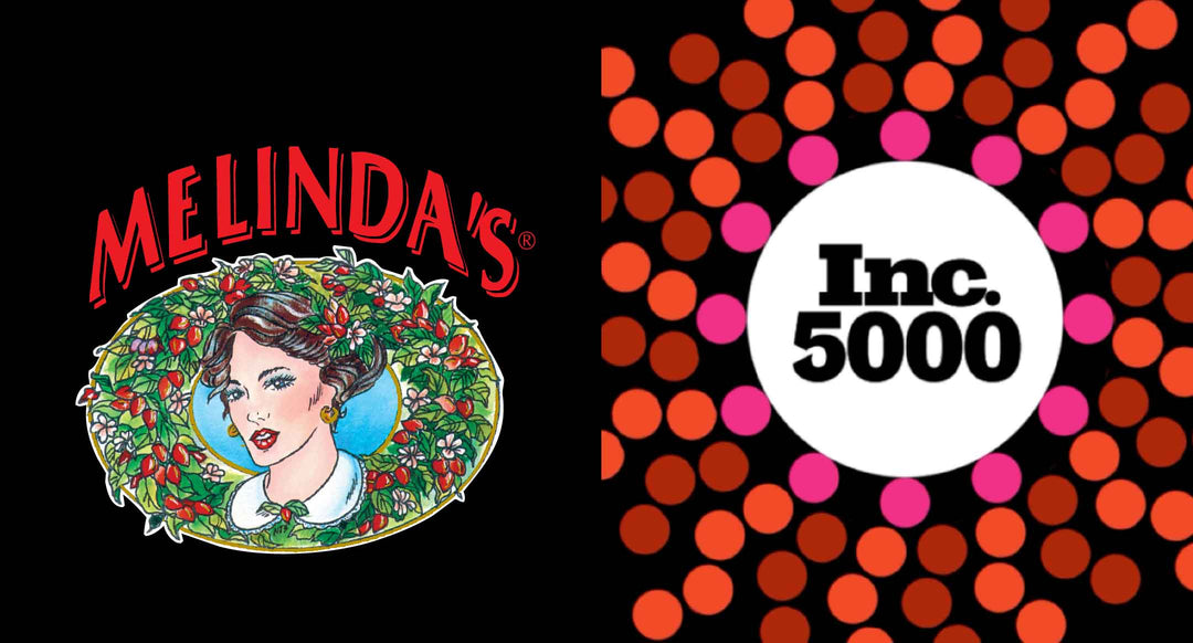 Melinda's hot sauce logo featuring woman with floral crown next to Inc. 5000 award badge with colorful dots