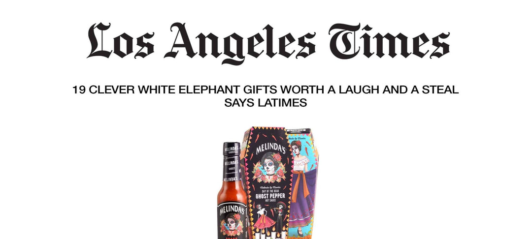 Los Angeles Times headline above Melinda's hot sauce bottles with colorful Day of the Dead themed packaging