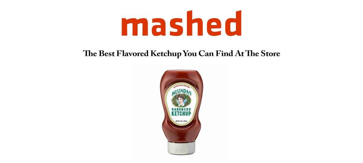 Melinda's Habanero Ketchup bottle with red sauce and white cap, featuring the brand's logo with a woman's face