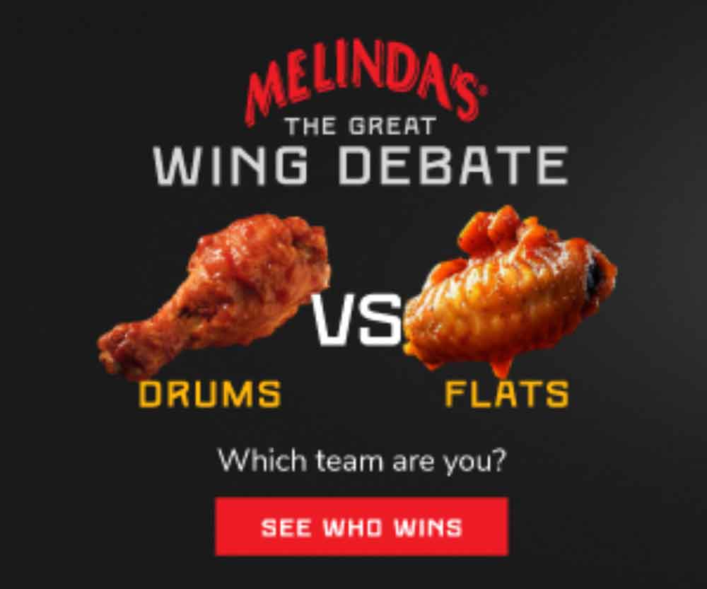Melinda's wing debate advertisement showing chicken drumstick vs flat wing with "Which team are you?" and red button
