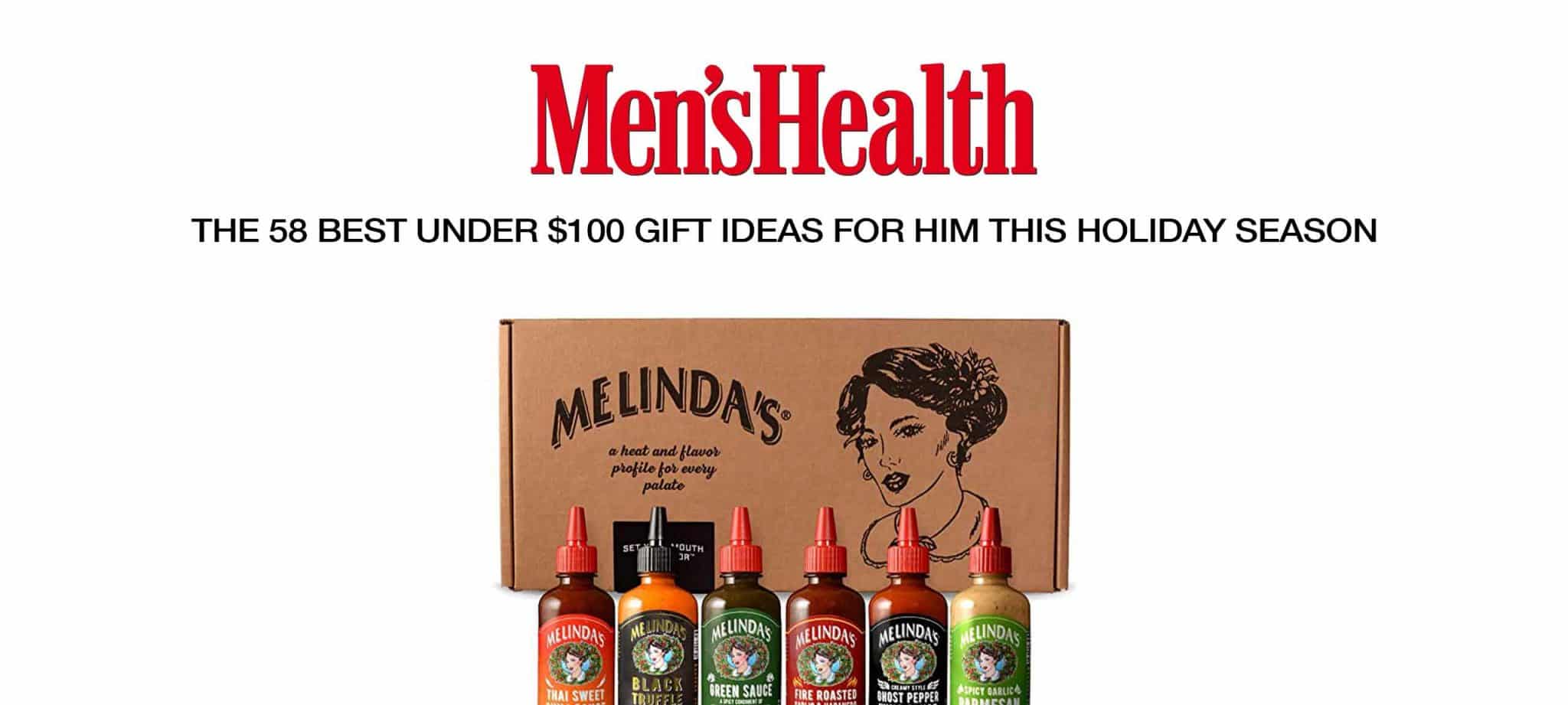 Men's Health gift guide featuring Melinda's hot sauce variety pack with six different flavored bottles in cardboard packaging