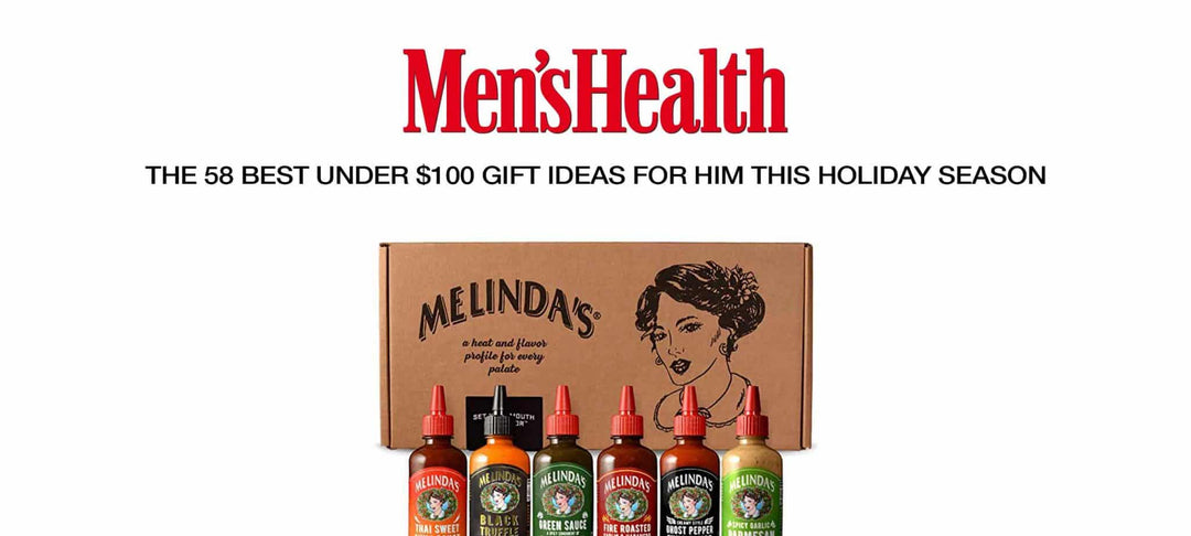 Men's Health gift guide featuring Melinda's hot sauce variety pack with six different flavored bottles in cardboard packaging