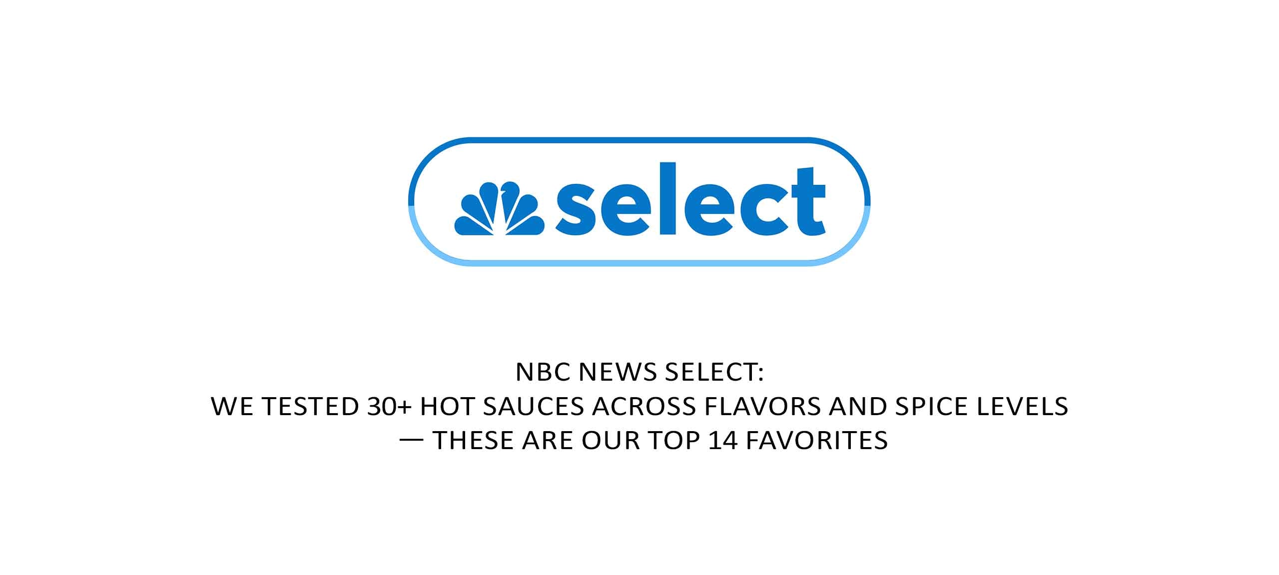 NBC Select logo with text announcing hot sauce testing article featuring top 14 favorites from 30+ sauces tested