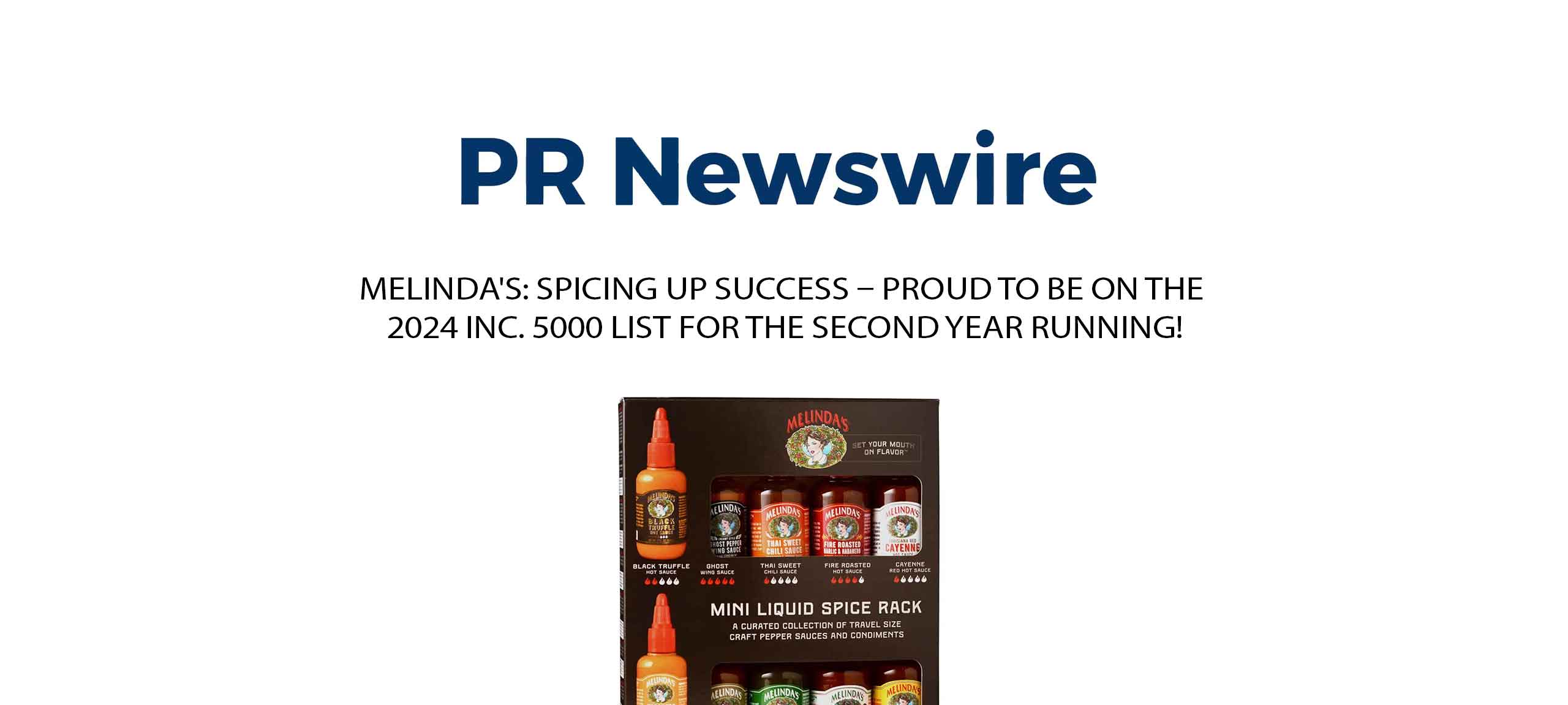 PR Newswire header with Melinda's Mini Liquid Spice Rack product display featuring hot sauces and condiments