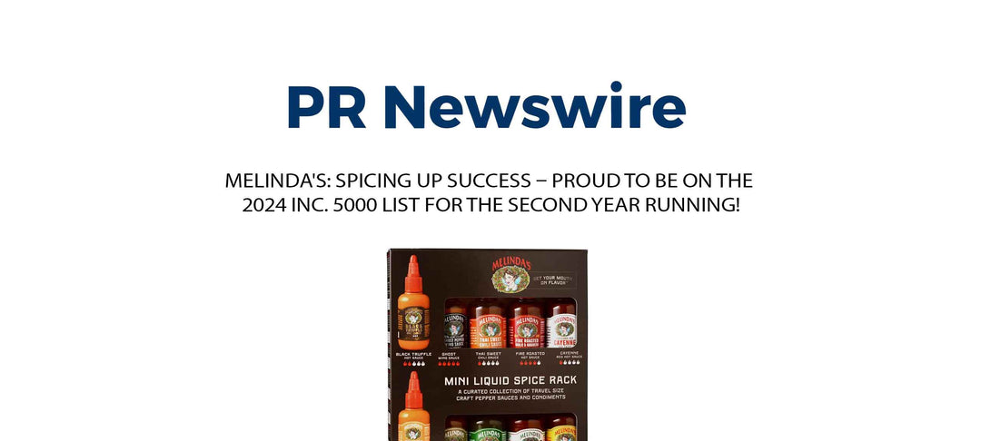 PR Newswire header with Melinda's Mini Liquid Spice Rack product display featuring hot sauces and condiments