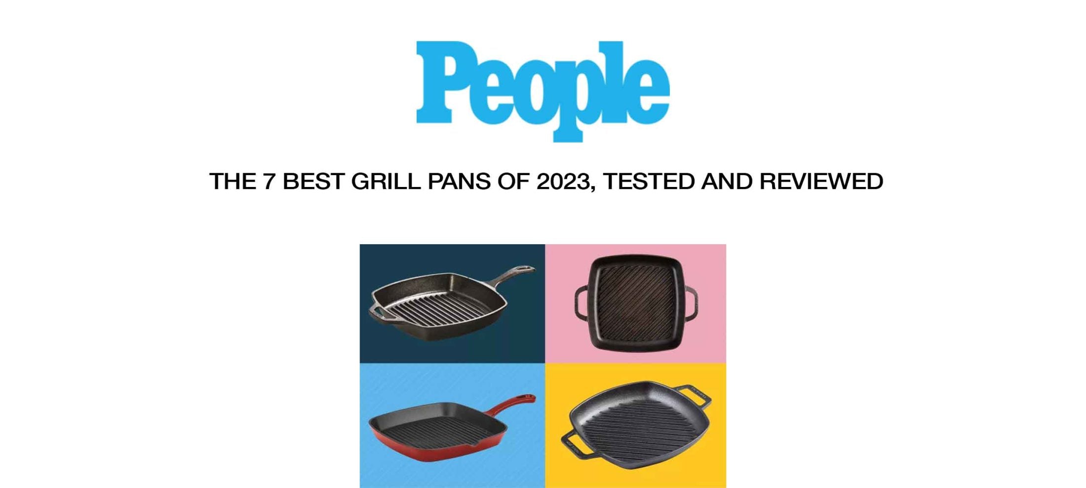 Four different grill pans displayed in colorful squares - oval, square, and round shapes in cast iron and non-stick materials