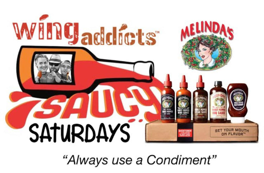 Saucy Saturdays logo with wine bottle graphic and Melinda's hot sauce products displayed on wooden boxes with tagline...