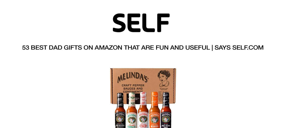 Melinda's craft pepper sauces and condiments gift set with five bottles in front of cardboard packaging box