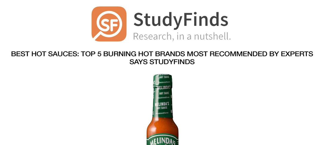 StudyFinds logo above headline about top 5 burning hot sauce brands, with Melinda's hot sauce bottle displayed