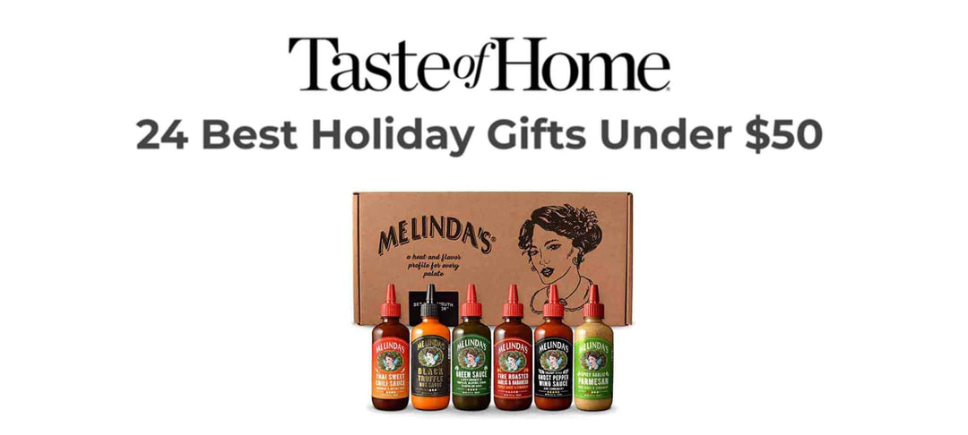 Melinda's hot sauce gift set with six colorful bottles in branded packaging, featured as holiday gift under $50