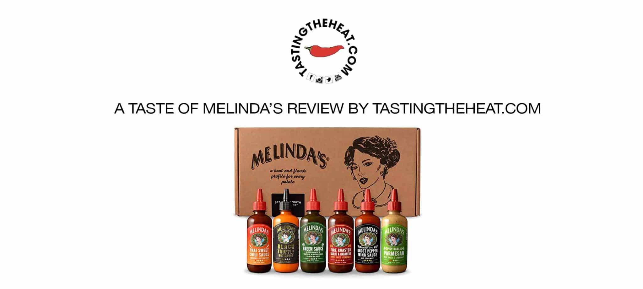 Hot sauce bottle collection from Melinda's brand with TastingTheHeat.com logo and review text above