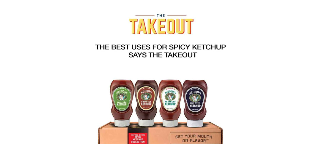 Four bottles of Melinda's spicy ketchup varieties displayed on wooden box with "Set Your Mouth on Flavor" text