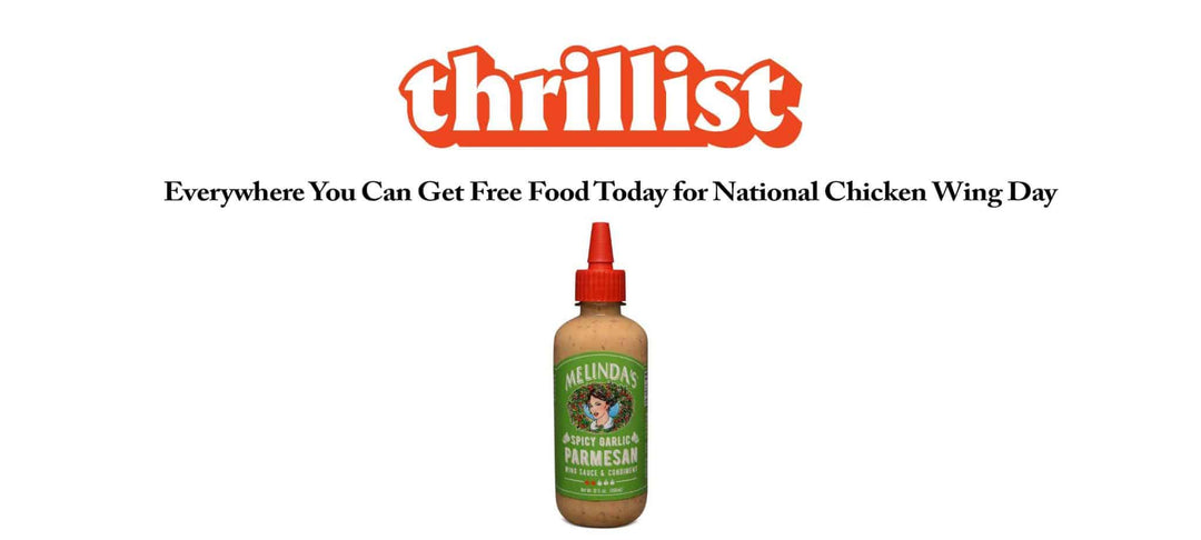 Melinda's Spicy Garlic Parmesan wing sauce bottle with Thrillist logo and headline about National Chicken Wing Day free...