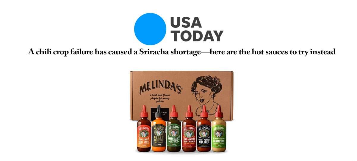 Melinda's hot sauce variety pack with six different bottles displayed in front of branded cardboard packaging