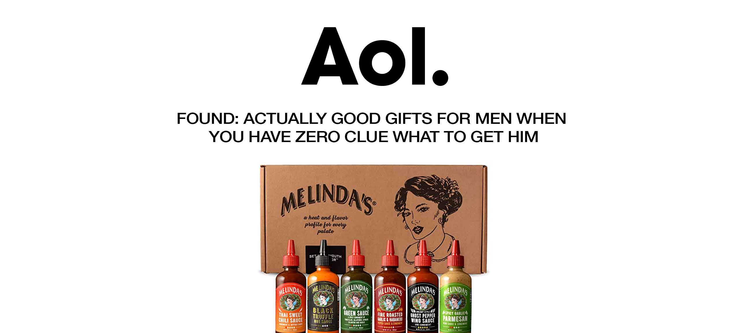 AOL logo with text about finding good gifts for men, featuring Melinda's hot sauce variety pack with six bottles