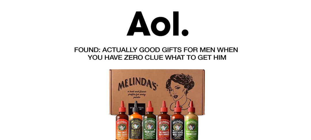 AOL logo with text about finding good gifts for men, featuring Melinda's hot sauce variety pack with six bottles