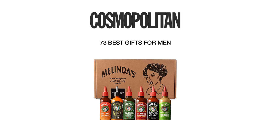 Melinda's hot sauce gift set with six bottles in cardboard box, featured in Cosmopolitan's best gifts for men guide