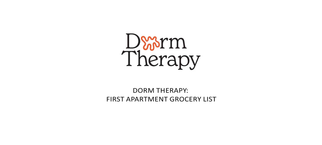 Dorm Therapy logo with text "DORM THERAPY: FIRST APARTMENT GROCERY LIST" for college student living guide