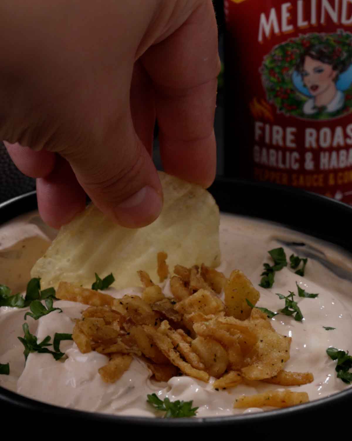 Hand dipping tortilla chip into creamy white French onion dip topped with crispy fried onions and fresh herbs