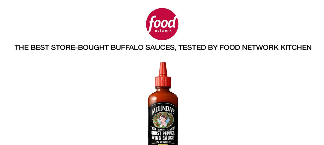 Food Network logo above headline "The Best Store-Bought Buffalo Sauces, Tested by Food Network Kitchen" with Melinda's...