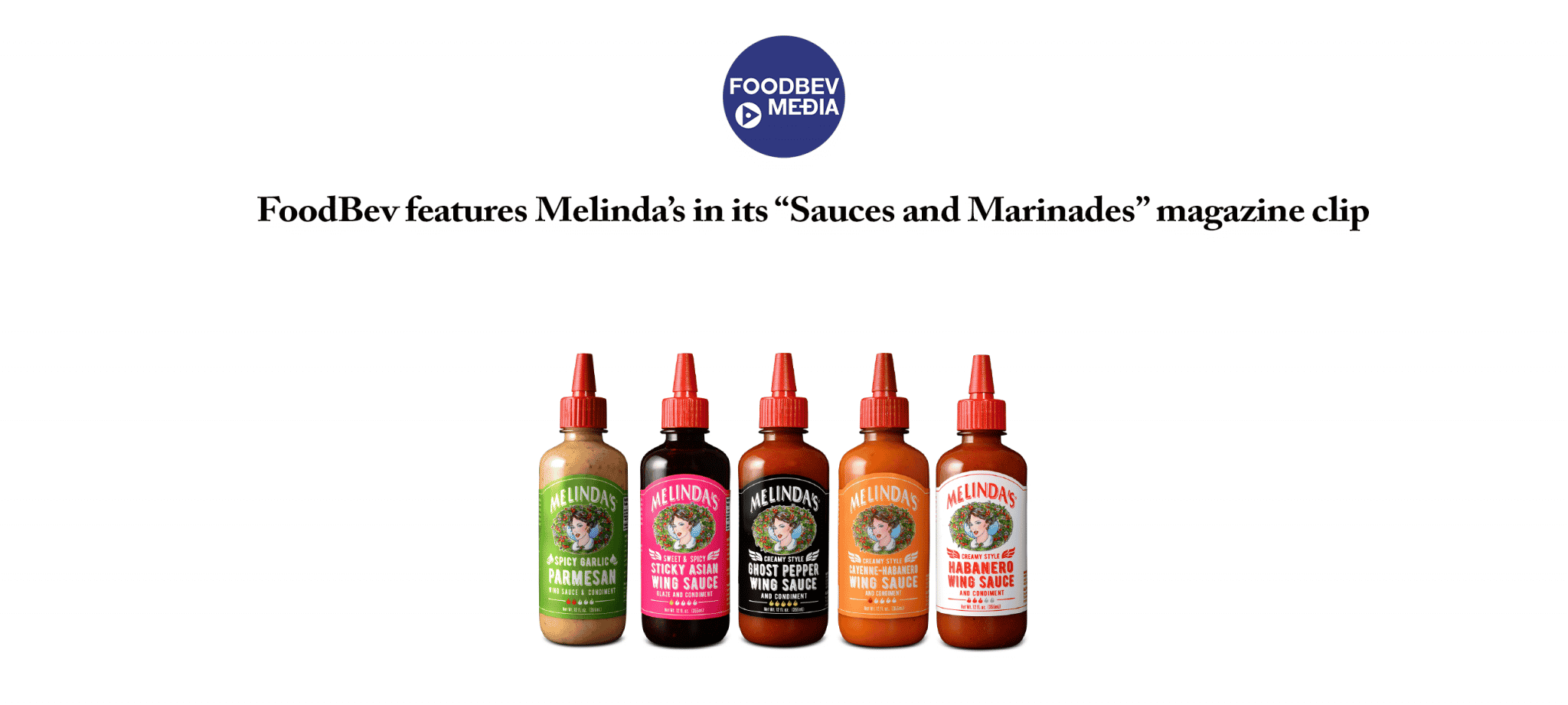 Five bottles of Melinda's sauces and marinades with colorful labels lined up in a row, featuring various flavors...