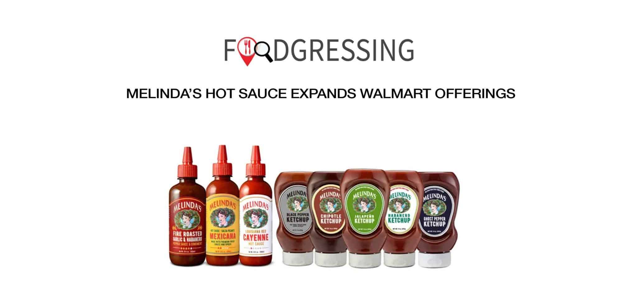 Melinda's hot sauce bottles and ketchup squeeze bottles displayed side by side, showing product line expansion