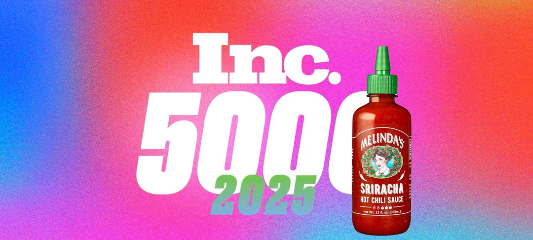 Inc. 500 2025 logo with Melinda's Sriracha Hot Chili Sauce bottle on colorful gradient background