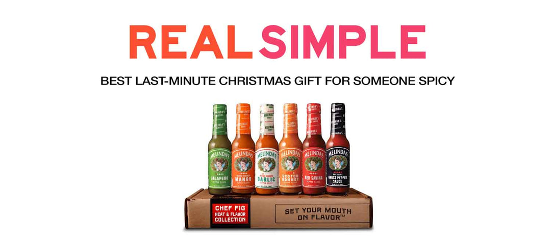 MELINDA'S hot sauce variety pack with six different flavored bottles in wooden gift box, labeled as best last-minute...