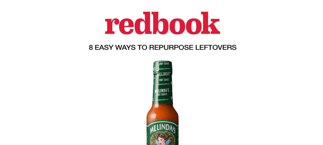 Redbook magazine logo above title "8 Easy Ways to Repurpose Leftovers" with Melinda's hot sauce bottle below