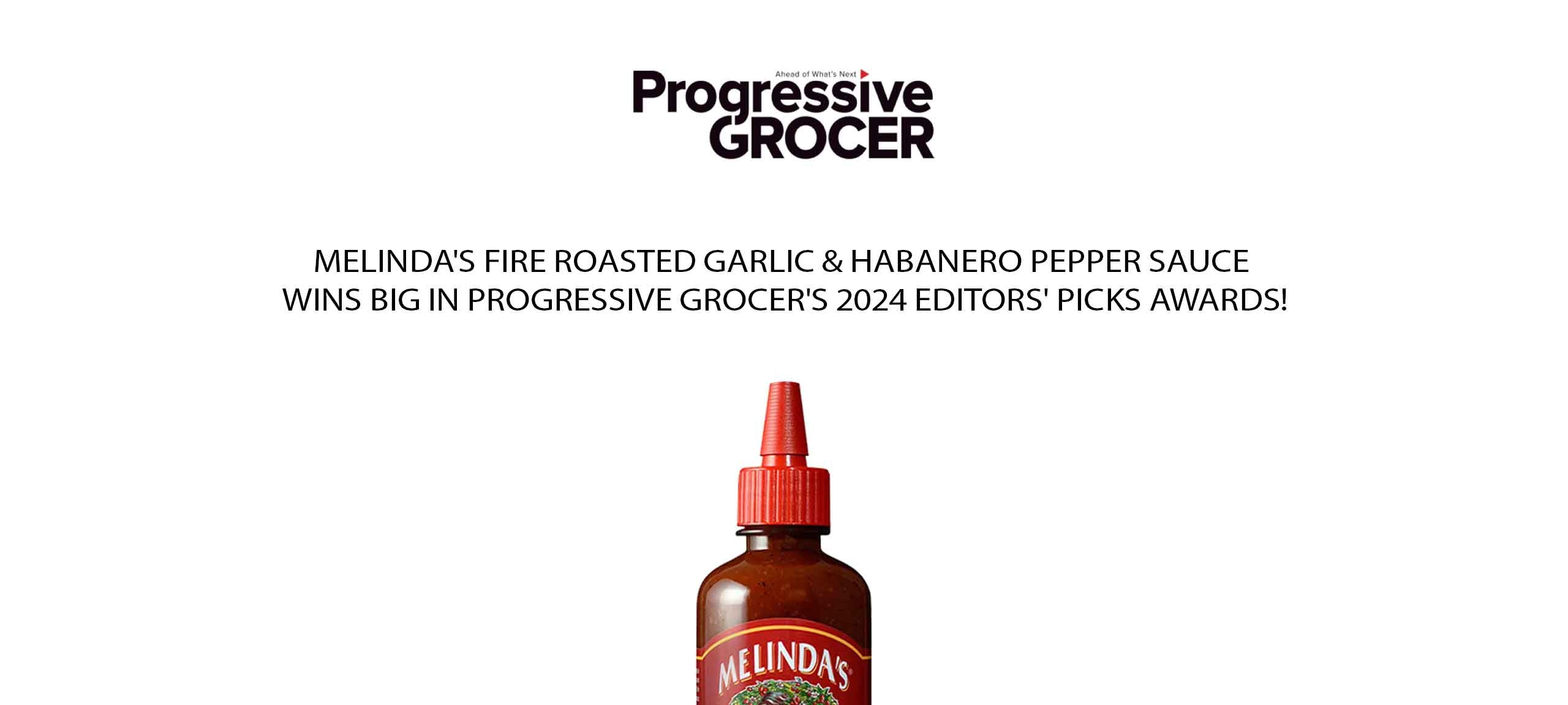 Melinda's hot sauce bottle with red cap against white background, featuring Progressive Grocer logo and award...