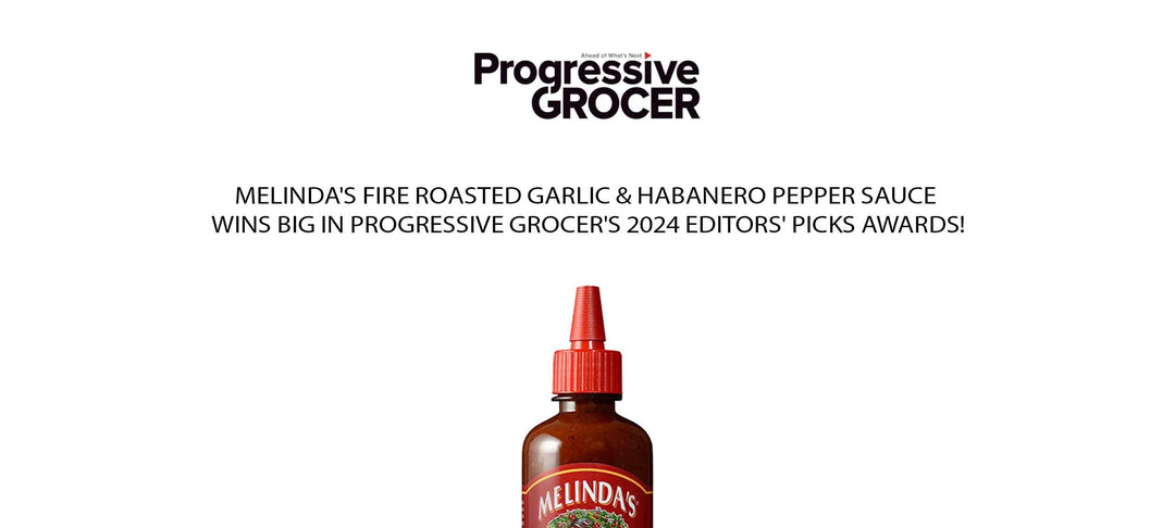 Melinda's hot sauce bottle with red cap against white background, featuring Progressive Grocer logo and award...